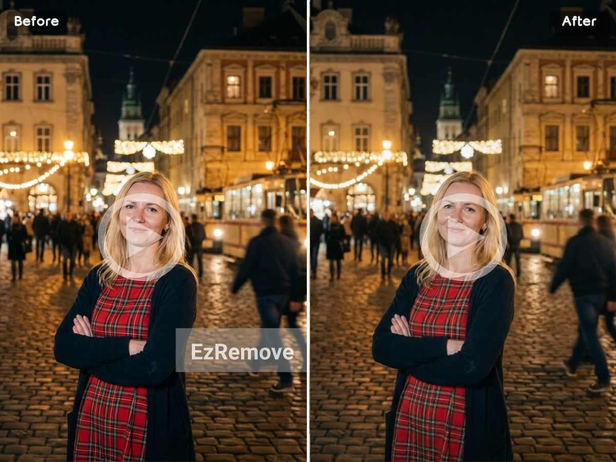 EzRemove AI watermark remover before and after — clean text overlay from video footage
