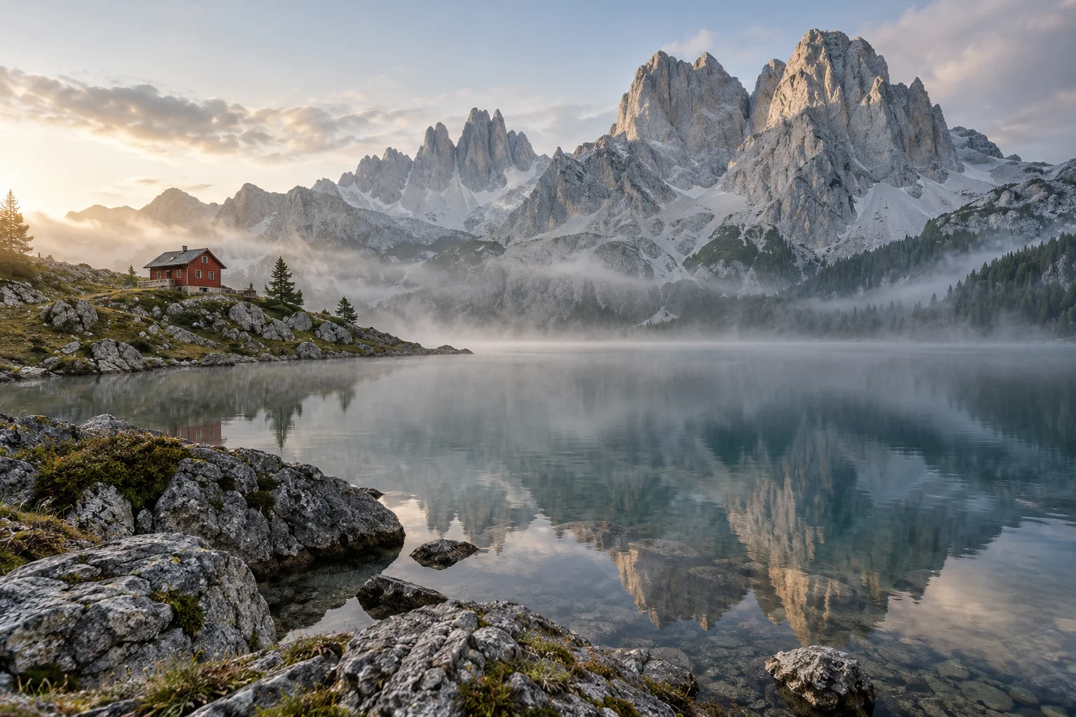 Creative illustration of a red alpine hut reflected in a misty mountain lake