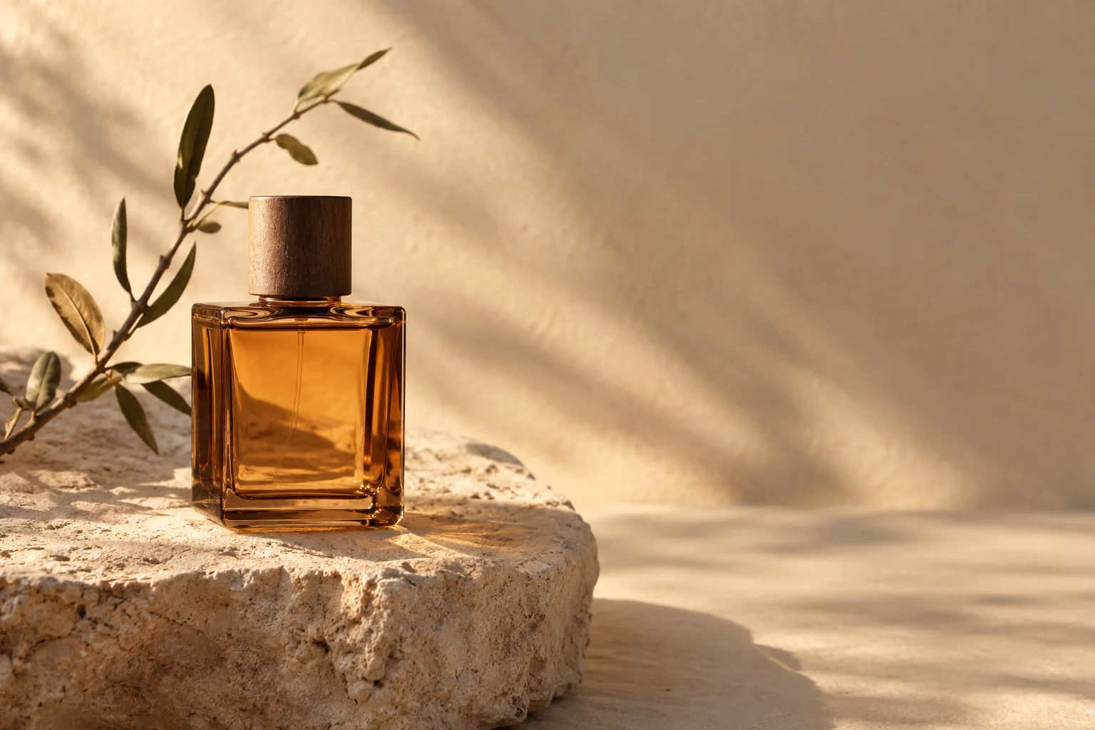 Creative illustration of an amber glass bottle on limestone in warm sunlight